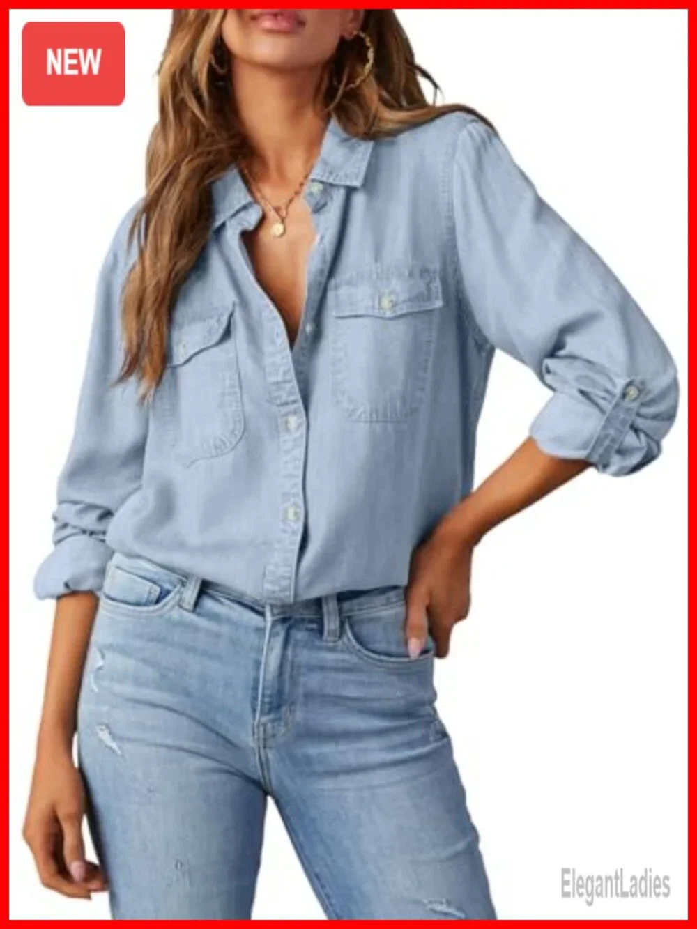 Women's Denim Button Down Shirt V-Neck Long Sleeve Casual Chambray Blouse